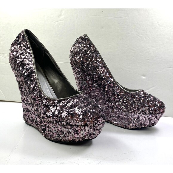Bongo Silver Champagne Sequin Platform Heels 7.5 Disco Clubbing Formal Party - Picture 2 of 14